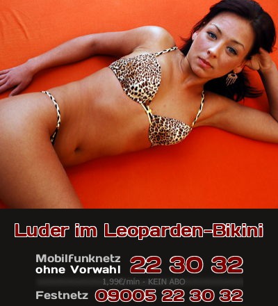 Luder im Leoparden-Bikini Der Bikini im typischen Leopardenfell-Muster ist als Fetisch heiß begehrt, aber auch sehr beliebt, weil er schön viel weibliche Haut zeigt.