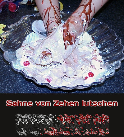 Sahne von Zehen lutschen Die Füße stehen in einer Schale voller Sahne und es wird ein Genuss sein, sie langsam von den Zehen abzulutschen.